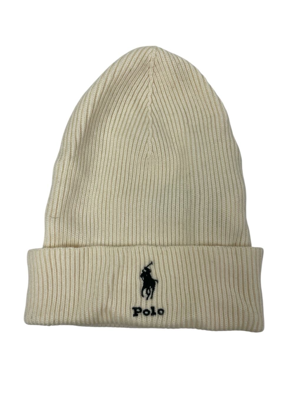 Polo Ralph Lauren 100% Wool Beige Embroidered Logo Ribbed Bonnet Beanie Hat OS